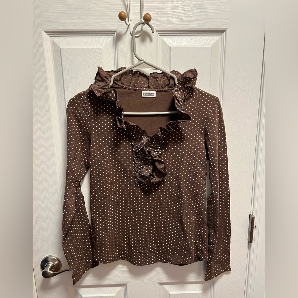 Street One polka dot ruffle trim shirt in brown.